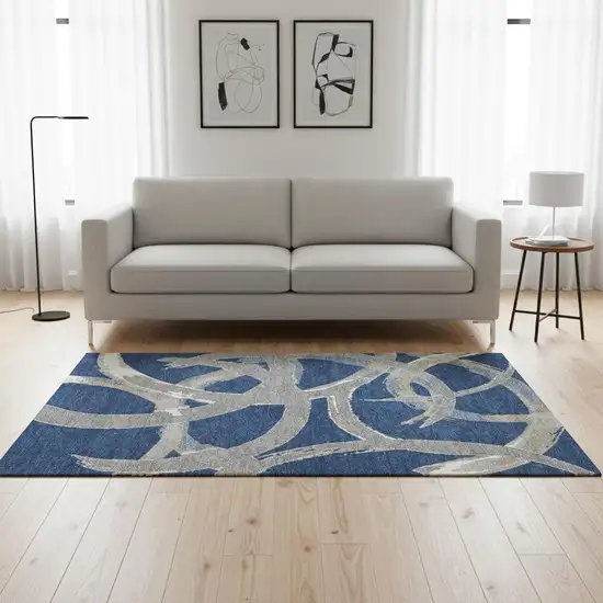 Navy Blue Gray And Ivory Abstract Washable Area Rug With UV Protection Photo 2
