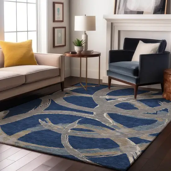 Navy Blue Gray And Ivory Abstract Washable Area Rug With UV Protection Photo 4