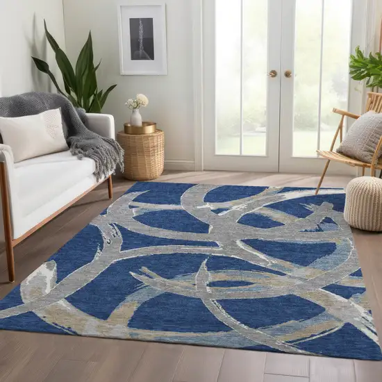 Navy Blue Gray And Ivory Abstract Washable Area Rug With UV Protection Photo 5