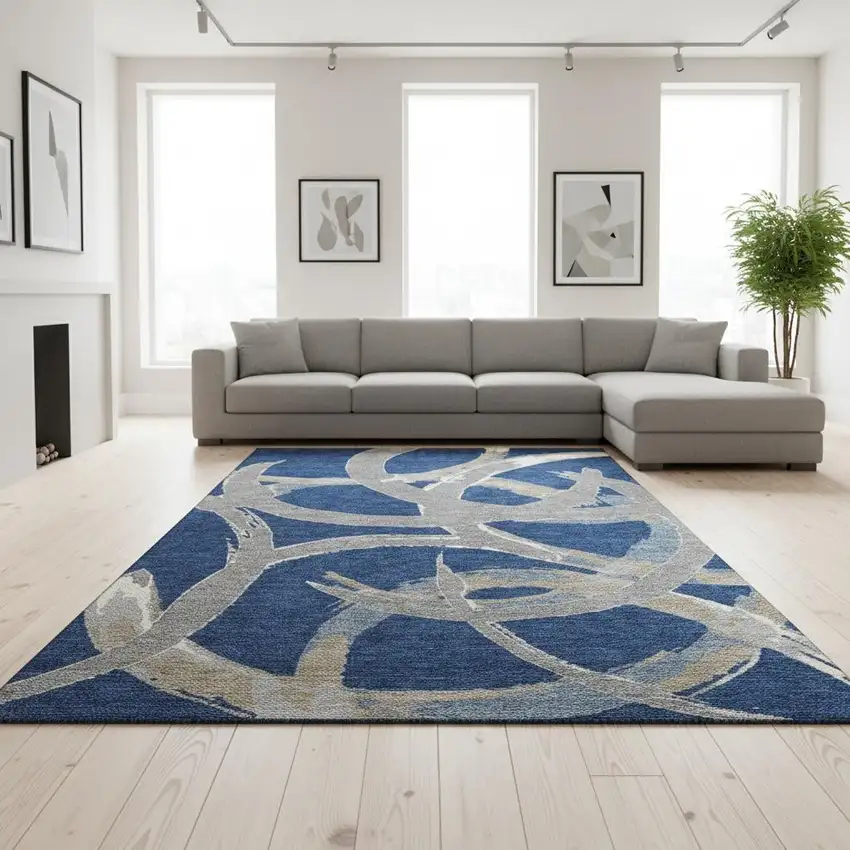 Navy Blue Gray And Ivory Abstract Washable Area Rug With UV Protection Photo 2