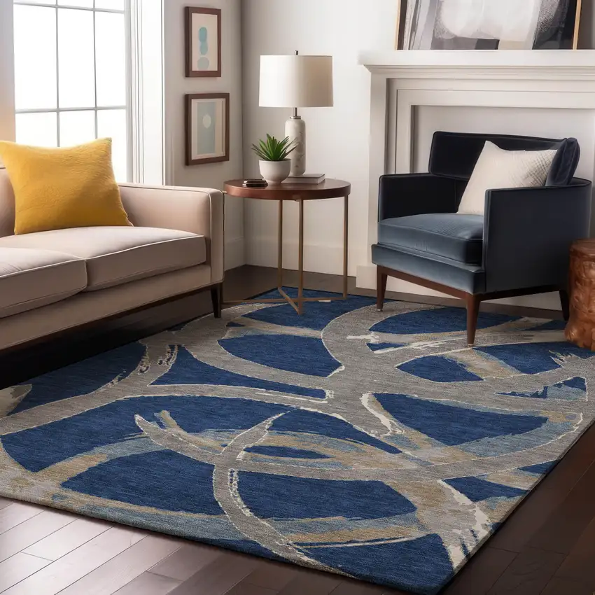 Navy Blue Gray And Ivory Abstract Washable Area Rug With UV Protection Photo 4