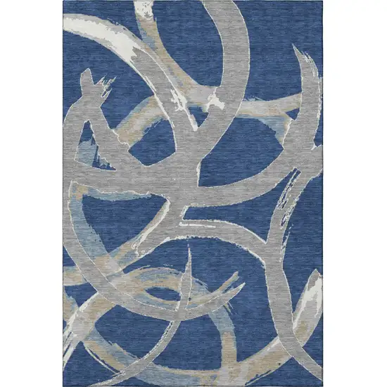 Navy Blue Gray And Ivory Abstract Washable Area Rug With UV Protection Photo 3