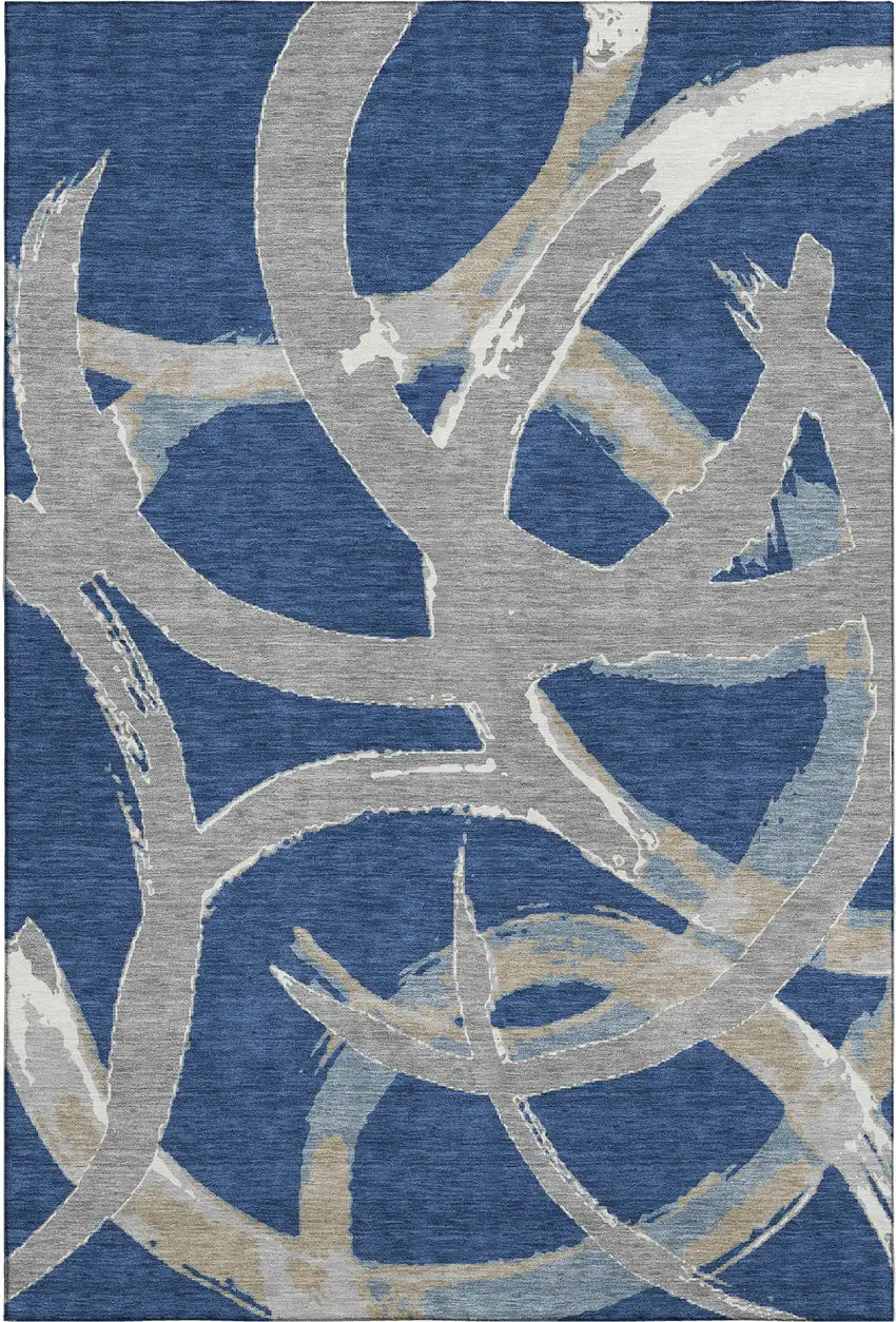 Navy Blue Gray And Ivory Abstract Washable Area Rug With UV Protection Photo 1