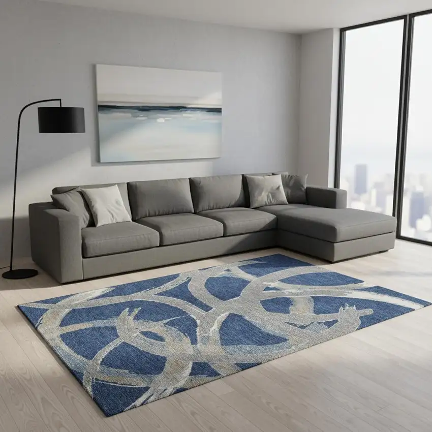 Navy Blue Gray And Ivory Abstract Washable Area Rug With UV Protection Photo 2