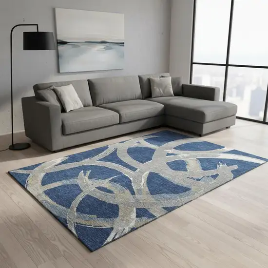 Navy Blue Gray And Ivory Abstract Washable Area Rug With UV Protection Photo 2