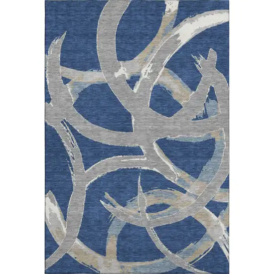 Navy Blue Gray And Ivory Abstract Washable Area Rug With UV Protection Photo 1
