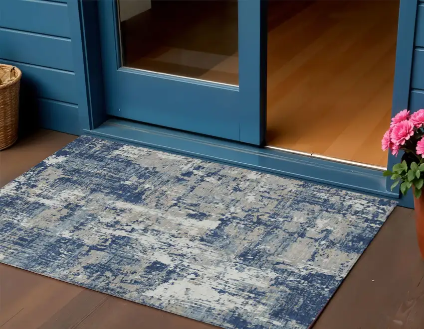 Navy Blue Gray And Ivory Abstract Washable Indoor Outdoor Area Rug Photo 1