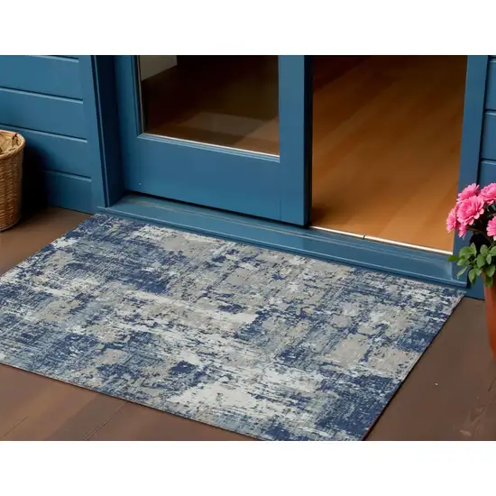 Navy Blue Gray And Ivory Abstract Washable Indoor Outdoor Area Rug Photo 1