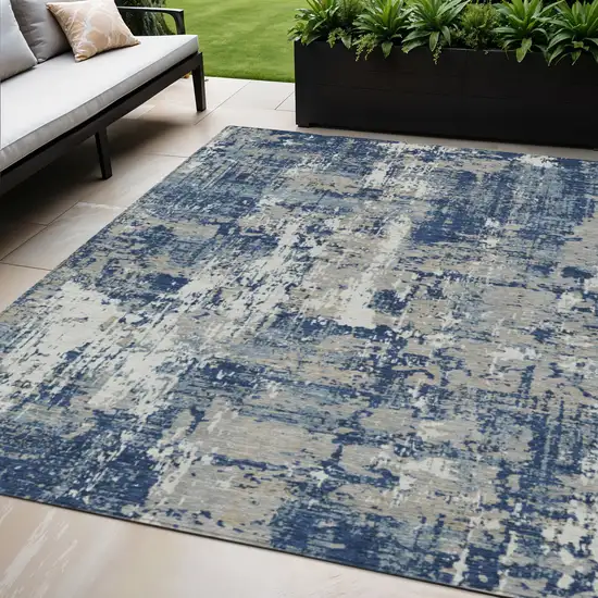 Navy Blue Gray And Ivory Abstract Washable Indoor Outdoor Area Rug Photo 1