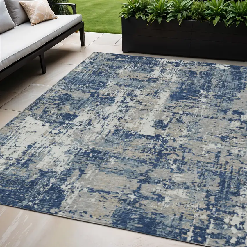 Navy Blue Gray And Ivory Abstract Washable Indoor Outdoor Area Rug Photo 1