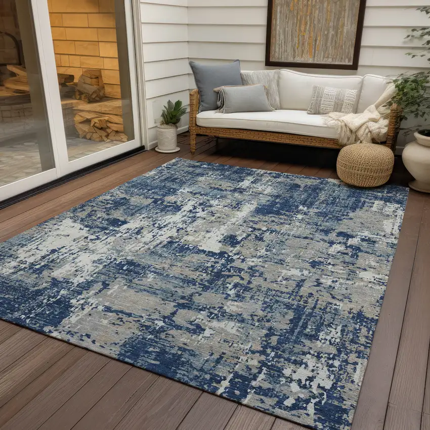 Navy Blue Gray And Ivory Abstract Washable Indoor Outdoor Area Rug Photo 7