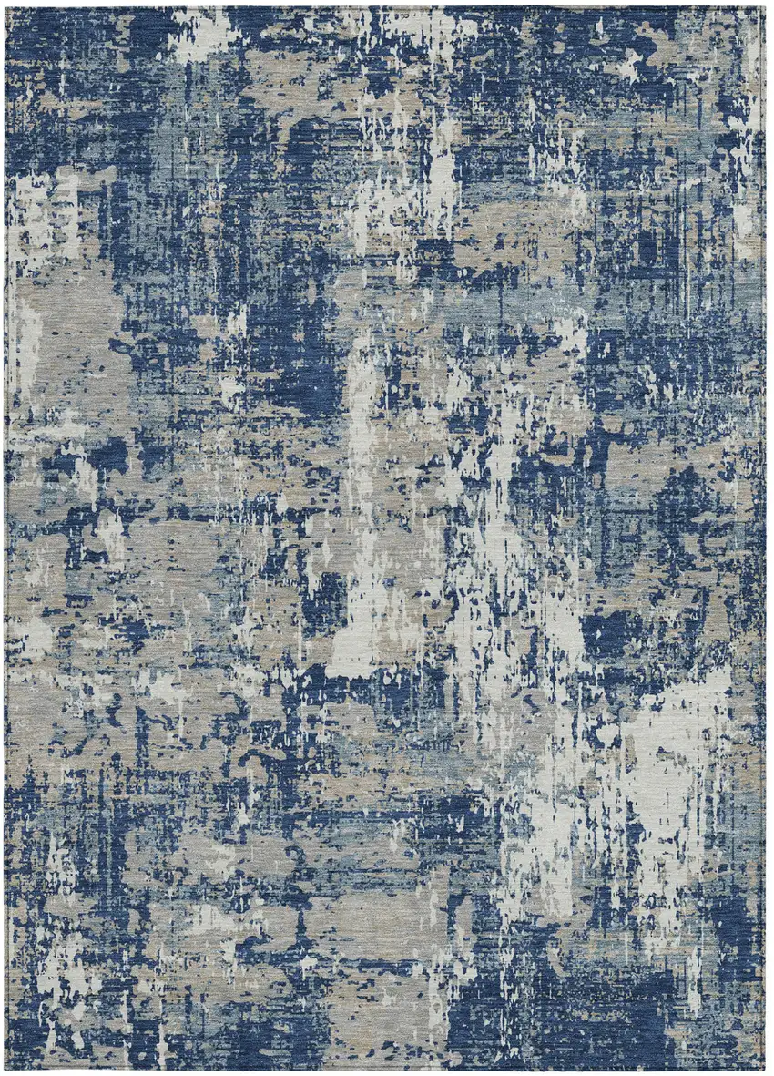 Navy Blue Gray And Ivory Abstract Washable Indoor Outdoor Area Rug Photo 6