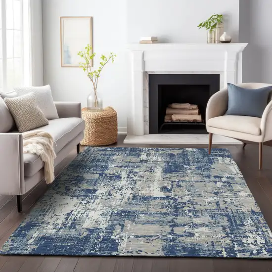 Navy Blue Gray And Ivory Abstract Washable Indoor Outdoor Area Rug Photo 8