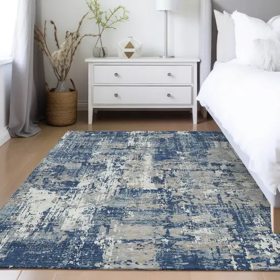 Navy Blue Gray And Ivory Abstract Washable Indoor Outdoor Area Rug Photo 9