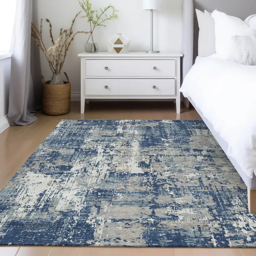Navy Blue Gray And Ivory Abstract Washable Indoor Outdoor Area Rug Photo 9