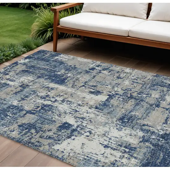 Navy Blue Gray And Ivory Abstract Washable Indoor Outdoor Area Rug Photo 1