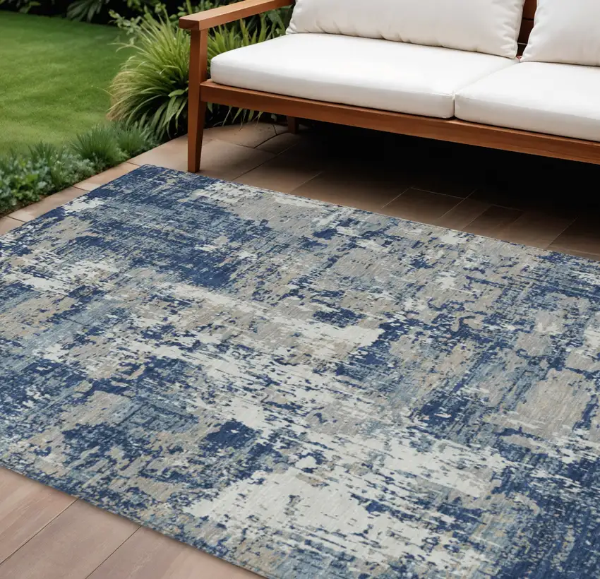 Navy Blue Gray And Ivory Abstract Washable Indoor Outdoor Area Rug Photo 1