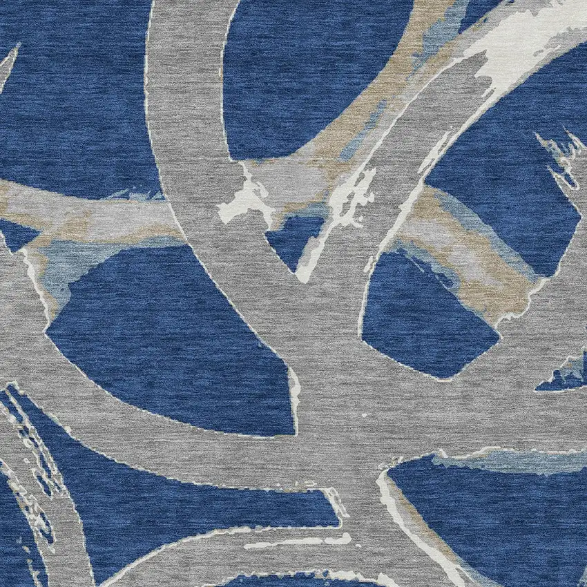 Navy Blue Gray And Ivory Abstract Washable Indoor Outdoor Area Rug Photo 6