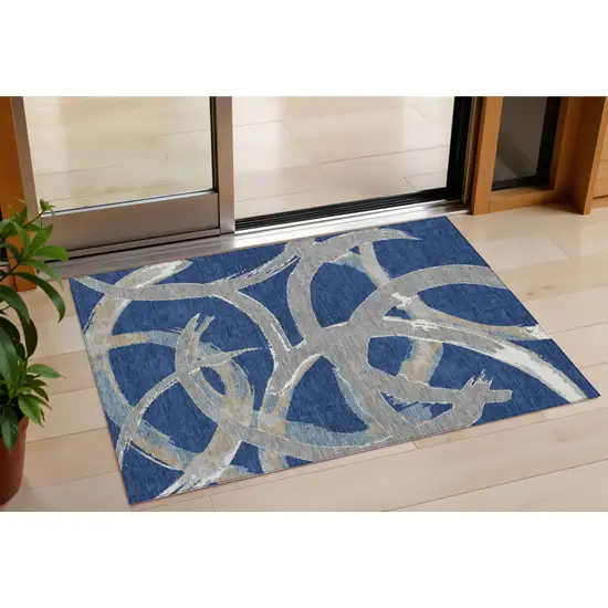 Navy Blue Gray And Ivory Abstract Washable Indoor Outdoor Area Rug Photo 1