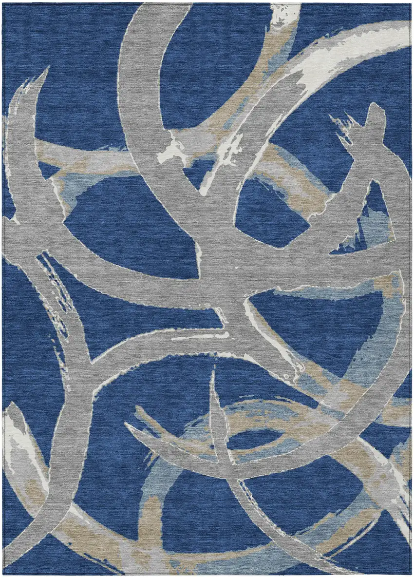 Navy Blue Gray And Ivory Abstract Washable Indoor Outdoor Area Rug Photo 2