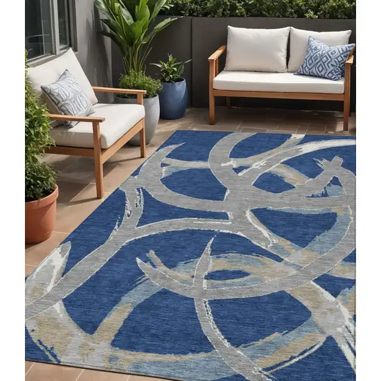 Navy Blue Gray And Ivory Abstract Washable Indoor Outdoor Area Rug Photo 1
