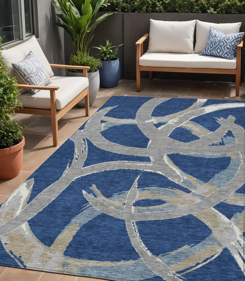 Navy Blue Gray And Ivory Abstract Washable Indoor Outdoor Area Rug Photo 1
