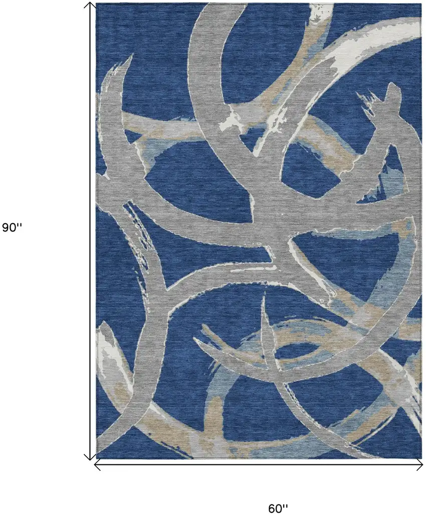 Navy Blue Gray And Ivory Abstract Washable Indoor Outdoor Area Rug Photo 3