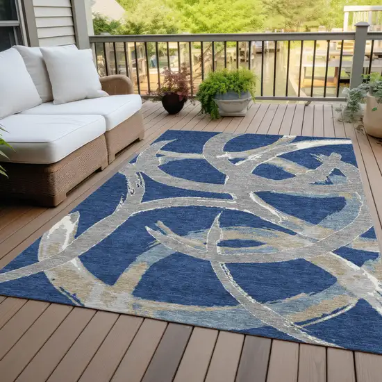 Navy Blue Gray And Ivory Abstract Washable Indoor Outdoor Area Rug Photo 9