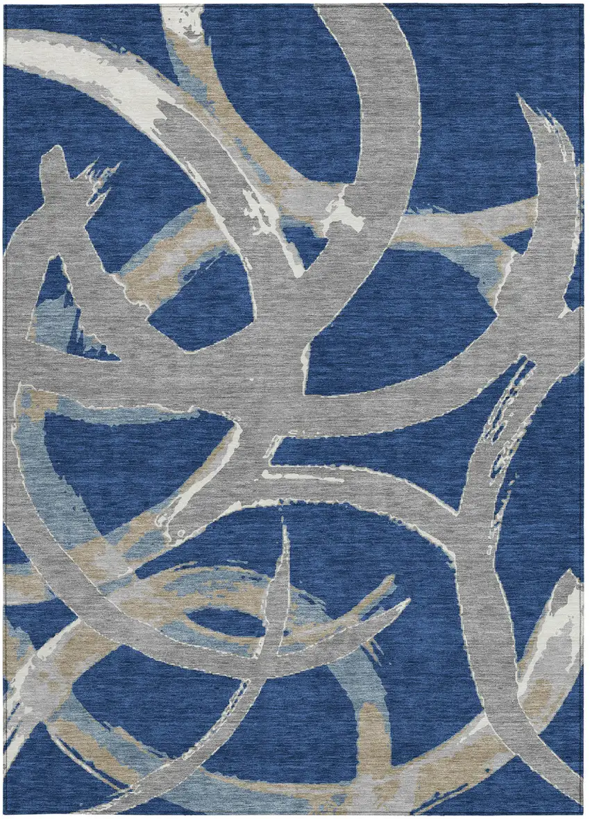 Navy Blue Gray And Ivory Abstract Washable Indoor Outdoor Area Rug Photo 8