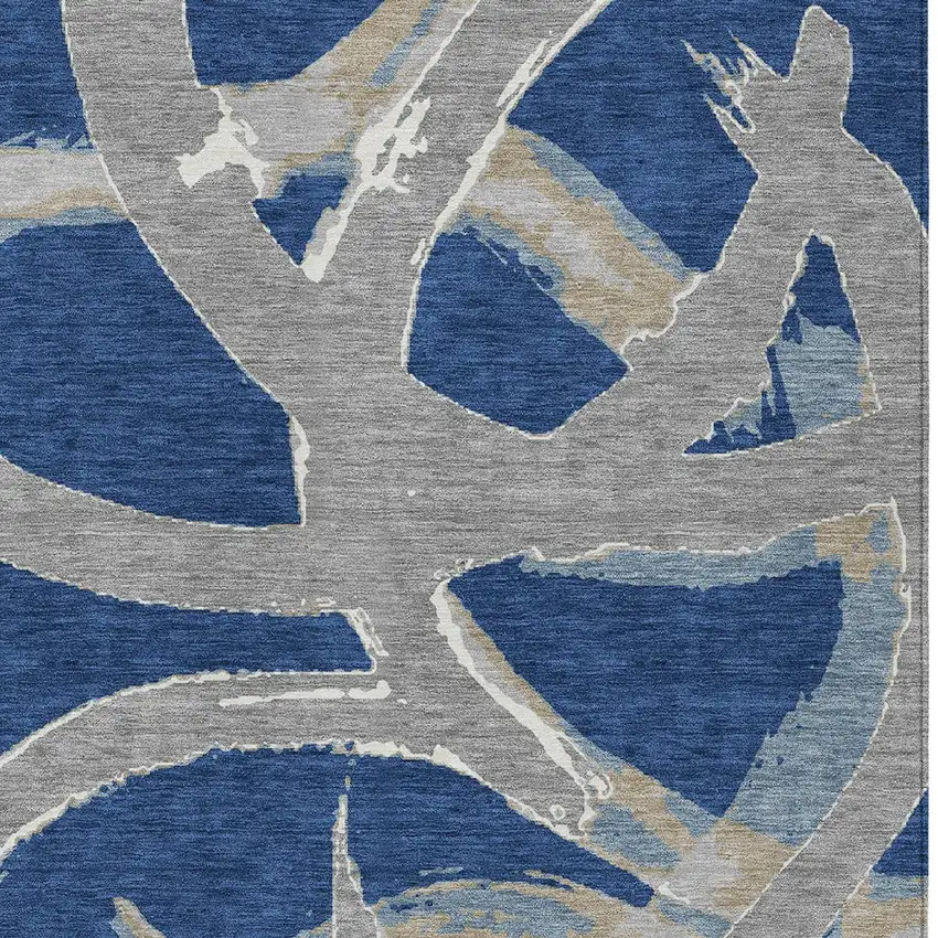 Navy Blue Gray And Ivory Abstract Washable Indoor Outdoor Area Rug Photo 6
