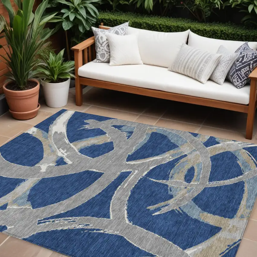 Navy Blue Gray And Ivory Abstract Washable Indoor Outdoor Area Rug Photo 1