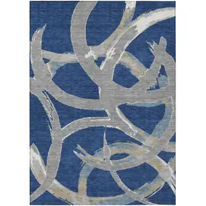 Photo of Navy Blue Gray And Ivory Abstract Washable Indoor Outdoor Area Rug