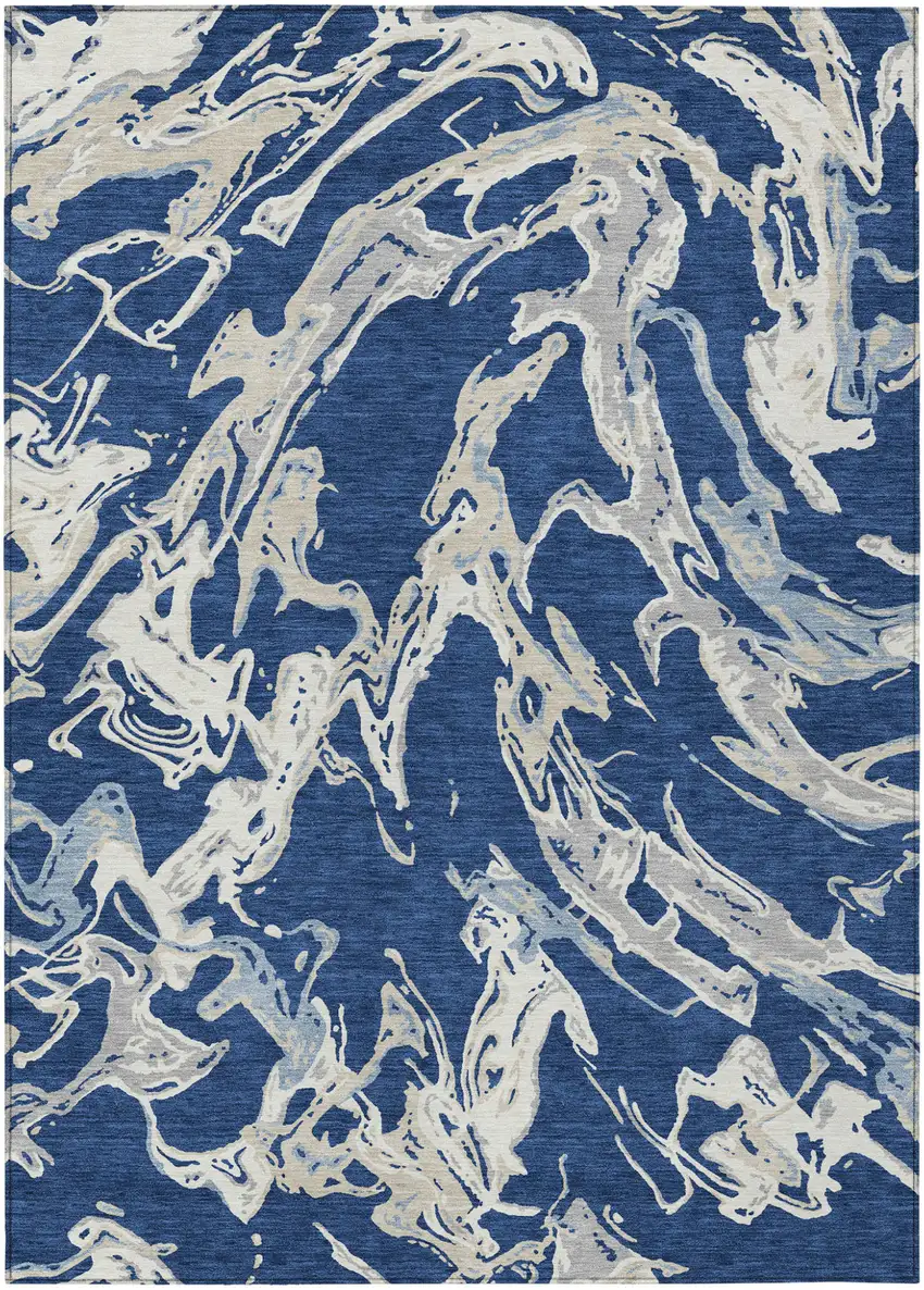 Navy Blue Gray And Ivory Abstract Washable Indoor Outdoor Area Rug Photo 2