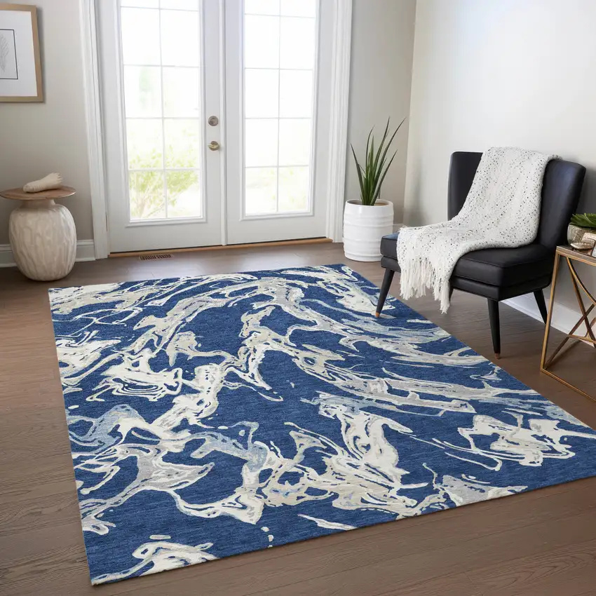 Navy Blue Gray And Ivory Abstract Washable Indoor Outdoor Area Rug Photo 8