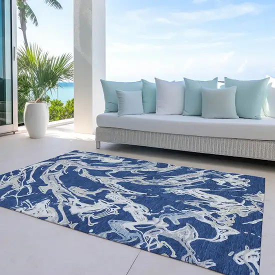 Navy Blue Gray And Ivory Abstract Washable Indoor Outdoor Area Rug Photo 9