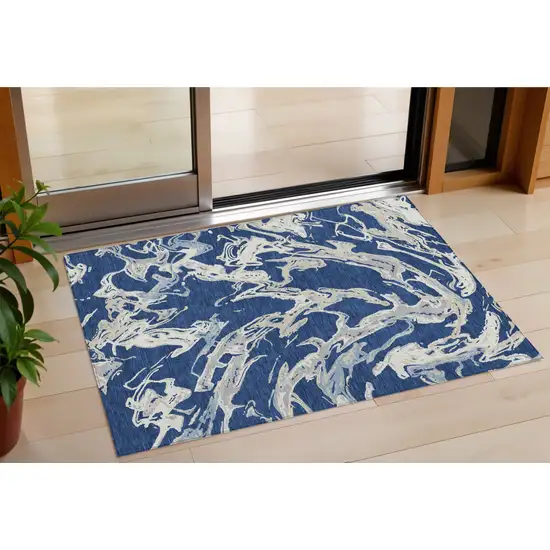 Navy Blue Gray And Ivory Abstract Washable Indoor Outdoor Area Rug Photo 1