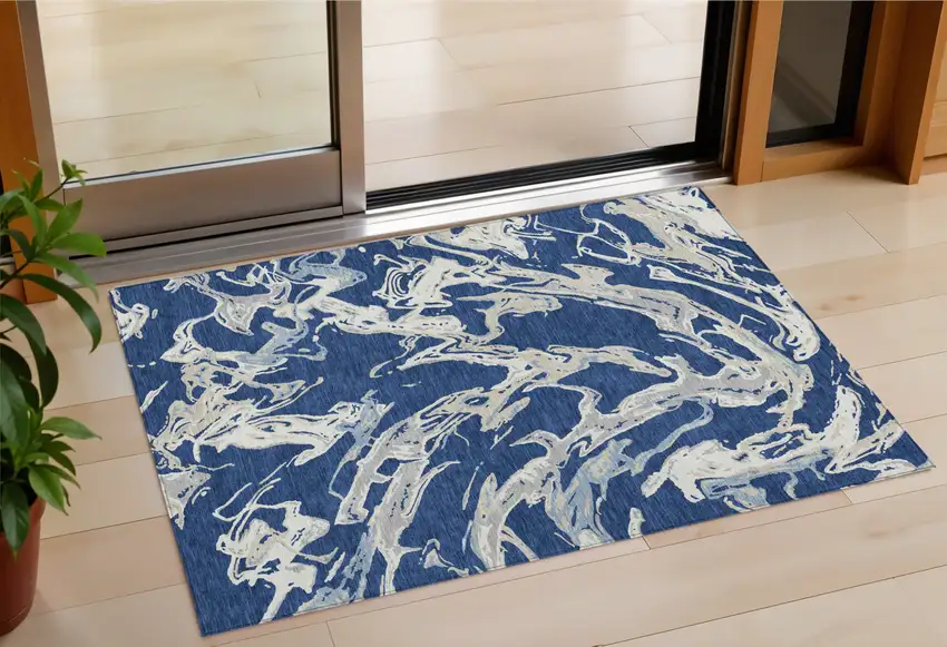 Navy Blue Gray And Ivory Abstract Washable Indoor Outdoor Area Rug Photo 1
