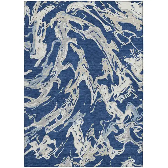 Navy Blue Gray And Ivory Abstract Washable Indoor Outdoor Area Rug Photo 6
