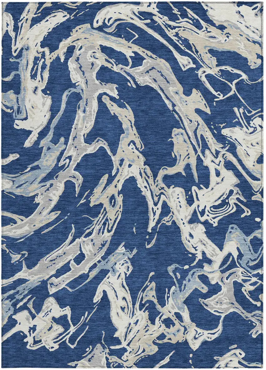 Navy Blue Gray And Ivory Abstract Washable Indoor Outdoor Area Rug Photo 6