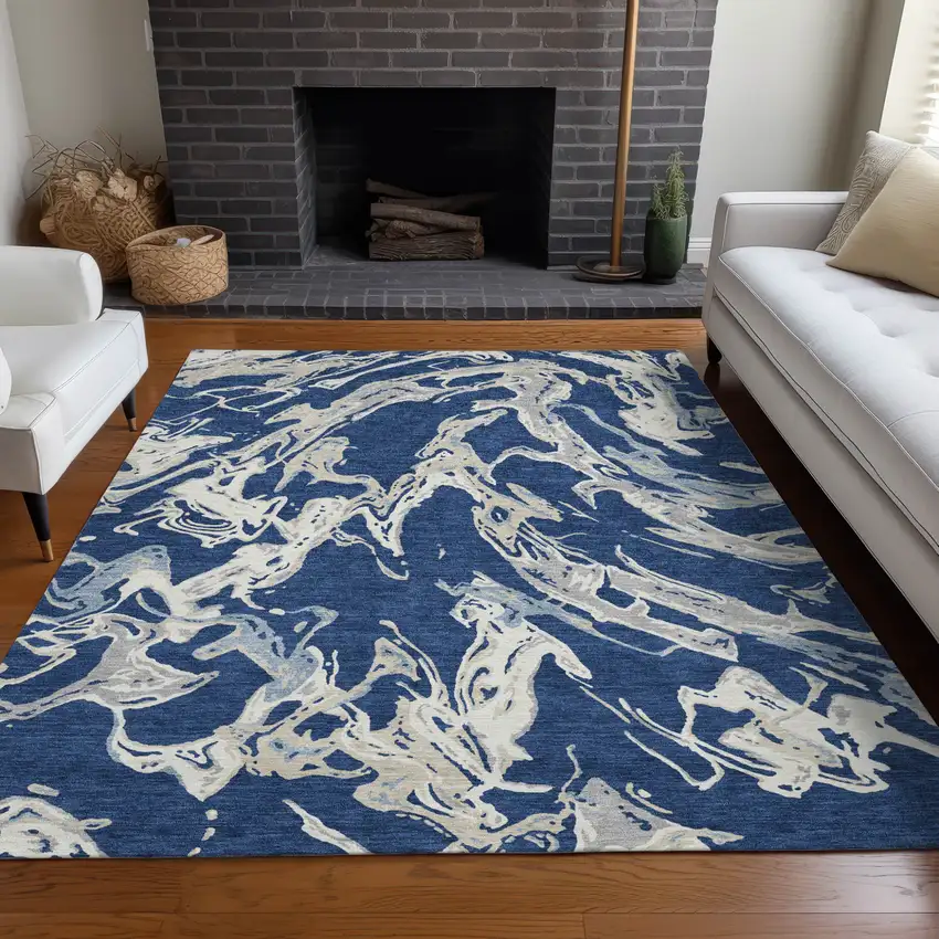 Navy Blue Gray And Ivory Abstract Washable Indoor Outdoor Area Rug Photo 9