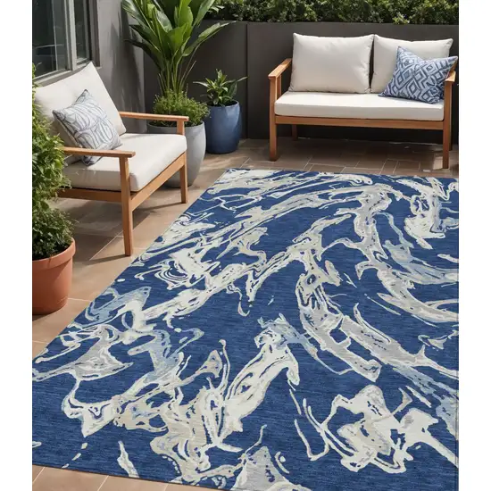 Navy Blue Gray And Ivory Abstract Washable Indoor Outdoor Area Rug Photo 1
