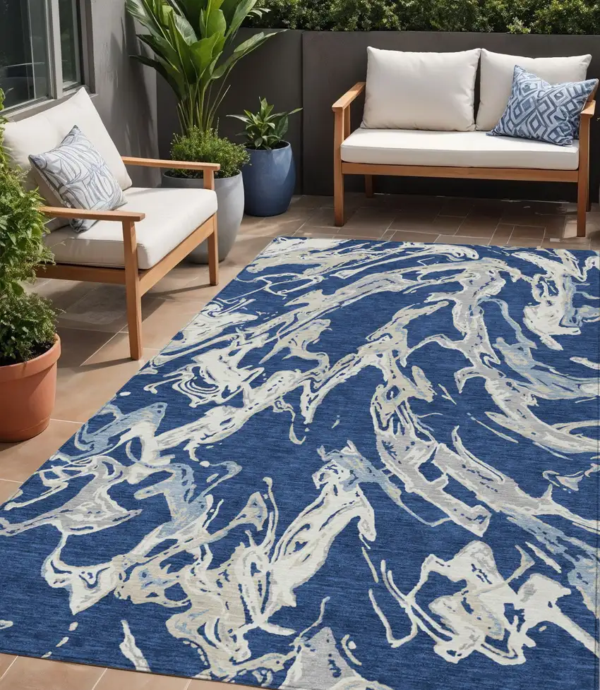 Navy Blue Gray And Ivory Abstract Washable Indoor Outdoor Area Rug Photo 1