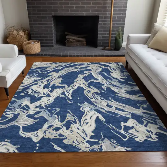 Navy Blue Gray And Ivory Abstract Washable Indoor Outdoor Area Rug Photo 9