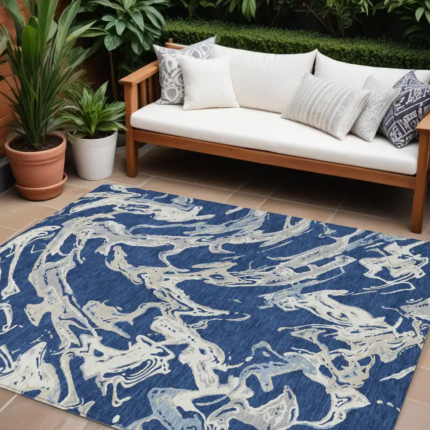 Navy Blue Gray And Ivory Abstract Washable Indoor Outdoor Area Rug Photo 1