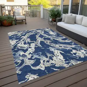 Photo of Navy Blue Gray And Ivory Abstract Washable Indoor Outdoor Area Rug