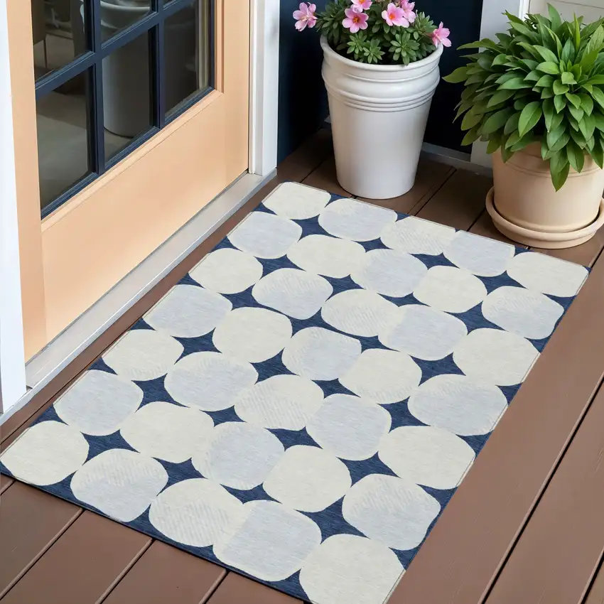Navy Blue Gray And Ivory Abstract Washable Indoor Outdoor Area Rug Photo 1