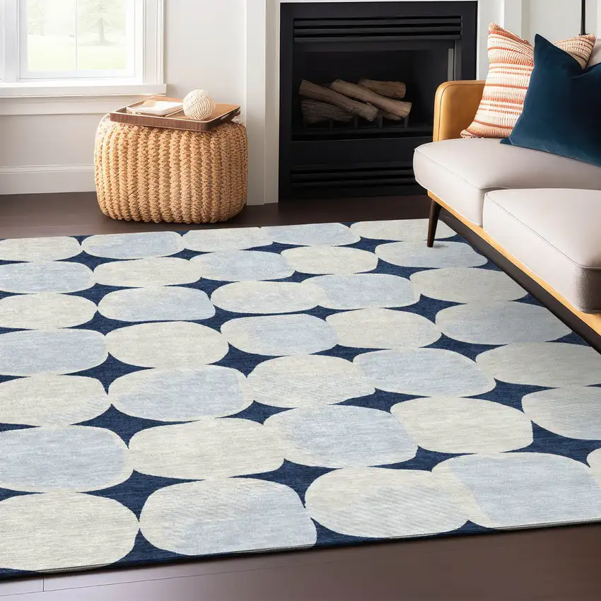 Navy Blue Gray And Ivory Abstract Washable Indoor Outdoor Area Rug Photo 9