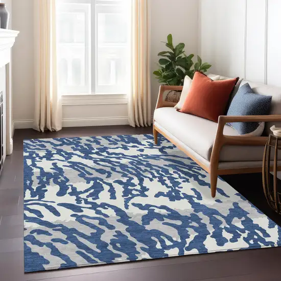 Navy Blue Gray And Ivory Animal Print Washable Indoor Outdoor Area Rug Photo 9