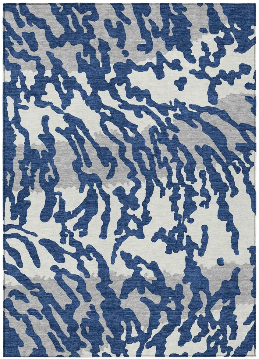 Navy Blue Gray And Ivory Animal Print Washable Indoor Outdoor Area Rug Photo 2