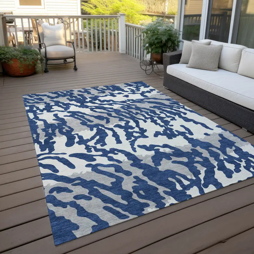 Navy Blue Gray And Ivory Animal Print Washable Indoor Outdoor Area Rug Photo 7